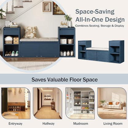 77.48" Entryway Storage Bench with Cushion, Drawers & Shelves, Antique Navy | 4-in-1 Hallway Bench with Drawers, Compartments & Open Shelves – Mudroom Shoe Storage, Entryway Organizer - color: Antique Navy