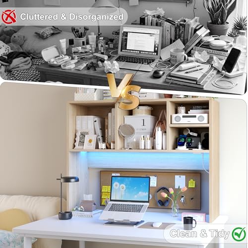 DreamDashio Desktop Bookshelf Organizer with Outlet & RGB Light, 2-Tier Multipurpose Wood Desk Hutch for Gaming, Home Office, Dorm, Oak White