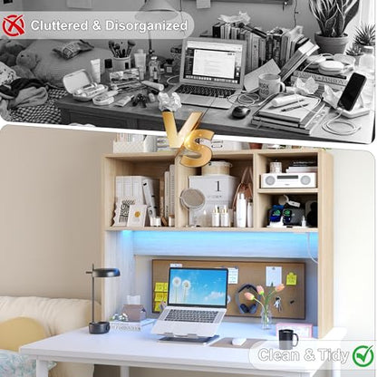 DreamDashio Desktop Bookshelf Organizer with Outlet & RGB Light, 2-Tier Multipurpose Wood Desk Hutch for Gaming, Home Office, Dorm, Oak White