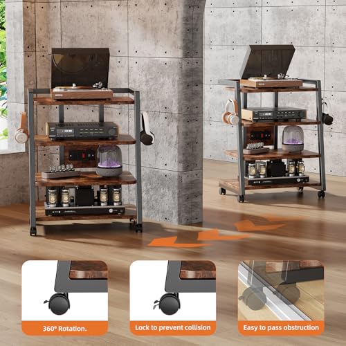 CABTE Mobile AV Media Stand with Outlets and 4 Rolling Caster Wheels, 4-Tier Rolling TV Stand for Gaming Console, Stereo, DVD Player, Sturdy Metal Frame, Versatile Living Room,Bedroom (Retro Brown) - color: Retro Brown