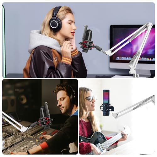 White Microphone-Floor-Stand for Blue Yeti, Nano, Snowball, Solocast,Razer,Logitech USB and XLR Mic,Adjustable Mic Boom Arm Stand with 1/4'' Thread and 3/8" 5/8" Adapter, Mic Clip, Cable Ties