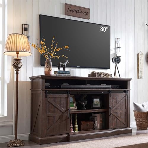 Farmhouse TV Stand for 80 Inch TVs, 37.4"Tall Entertainment Center w/Storage Cabinets and Sliding Barn Door, Media Console Cabinet w/Soundbar & Adjustable Shelves for Living Room, 70 inch (Brown) - color: Brown