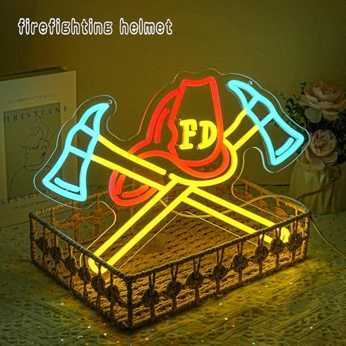 Firefighter Helmet Neon Sign Firefighter Hat LED Light Axe Wall Art for Rescue Room Firefighter Hat Sign for Fire Department Bedroom Fire Station Bushiness Shop Beer Bar Man Cave - style: firefighter helme