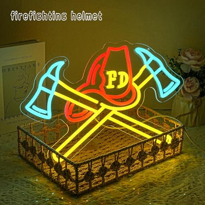 Firefighter Helmet Neon Sign Firefighter Hat LED Light Axe Wall Art for Rescue Room Firefighter Hat Sign for Fire Department Bedroom Fire Station Bushiness Shop Beer Bar Man Cave - style: firefighter helme