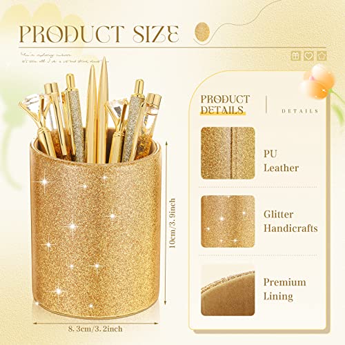Sabary 8 Pcs Gold Pens with Pen Holder for Desk Glitter Crystal Diamond Cute Ballpoint Fancy Pencil Holder Bling Desk Organizer for Women Girls School Office Supplies Wedding Graduation Gifts - color: Gold