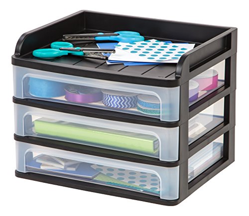 IRIS USA Plastic Desk Top 3-Drawer Storage Organizer with Paper Tray Top, 1-Pack, for Makeup Vanity Nail Polish Bathroom Stationery Art Craft Supplies Kitchen Office Garage Organization, Medium, Black - color: Black, style: Medium with Tray Top - 1 Pack