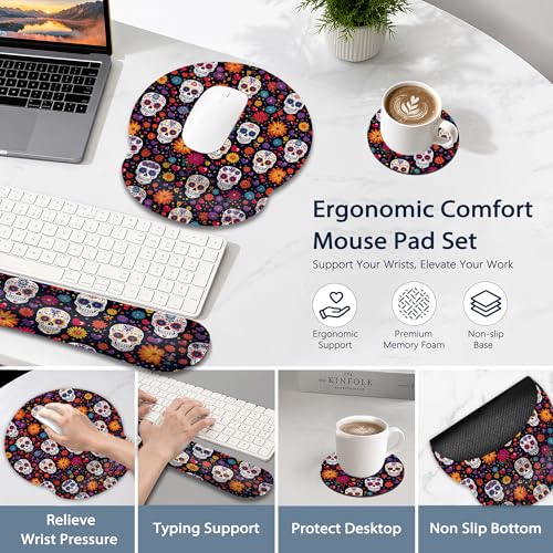 Skull Keyboard Wrist Rest Pad Ergonomic Mouse Pad Set,Flower 3 in 1 Memory Foam Mouse Pad with Non Slip Base for Office and Home - color: Skull Flower