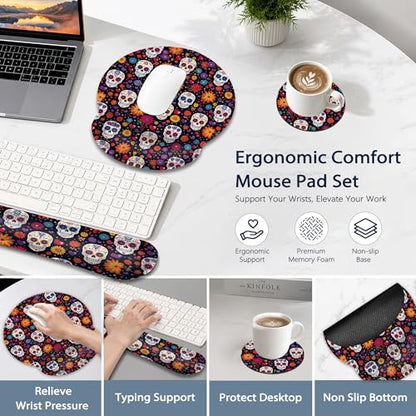 Skull Keyboard Wrist Rest Pad Ergonomic Mouse Pad Set,Flower 3 in 1 Memory Foam Mouse Pad with Non Slip Base for Office and Home - color: Skull Flower