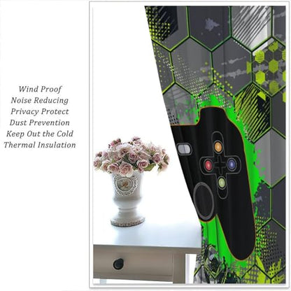 Video Games Window Curtains, Green Honeycomb Gamepad Teens Gamer Controller Window Drapes for Kids Boys Girls Room Playroom 42" W X 45" L - color: Gamepad-10, size: 20.5"W x 45"L (Pack of 2)