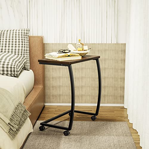 SRIWATANA Side Table, C-Shaped End Table with Rolling Wheels,Rustic Sofa Couch Table for Laptop Coffee Snack, Dark Walnut - color: Dark Walnut W/ Caster