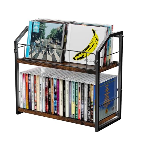2-Tier CD Holder, Clear CD Storage Rack for Non-slip Feets, CD Organizer with Dispay Top Shelf, Premium CD shelf for Home Office, Holds Up to 60 Standard Rectangular Jewel Cases (Brown) - color: Brown, style: 1 Pack