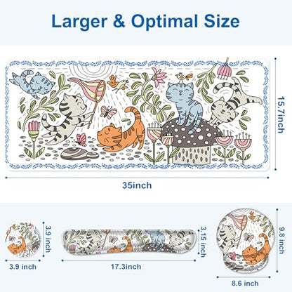 Cute Desk Mat, 4in1 Large Mouse Pad with Wrist Rest, Desk Matt for Desktop, Desk Pad Mat, Anti-Slip XXL Computer Ergonomic Mousepad with Wrist Support for Keyboard and Mouse I Funny Cat Animals - color: Funny Cat Animals