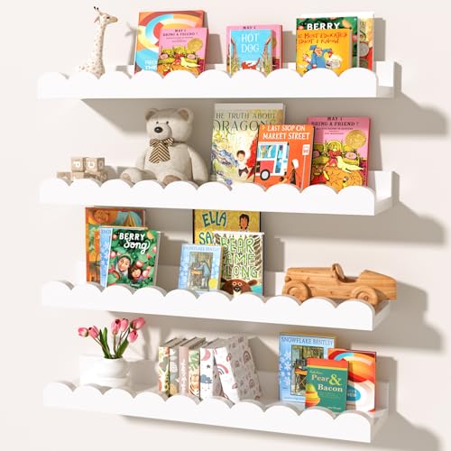 White Scalloped Nursery Shelves for Wall, 4-Pack 19.7 Inch Floating Book Shelves for Kids Room, Wall Mounted Bookshelves for Bedroom, Playroom, Book and Decor Display - color: White, size: 4 Pack - 19.7 in x 4.7 in