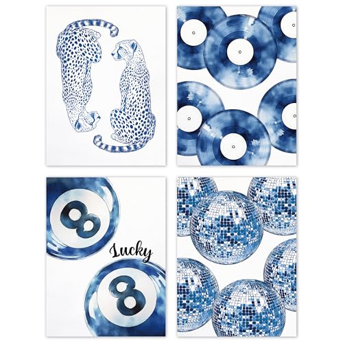 TLESKE Blue Preppy Cheetah Lucky 8 Balls Posters Prints Unframed 12x16 Set of 4, Trendy Disco Balls Wall Art Prints Decor for Teen Girls Dorm Bedroom Living Room, Retro Aesthetic Wall Pictures - color: blue disco, size: 16L" x 12W"