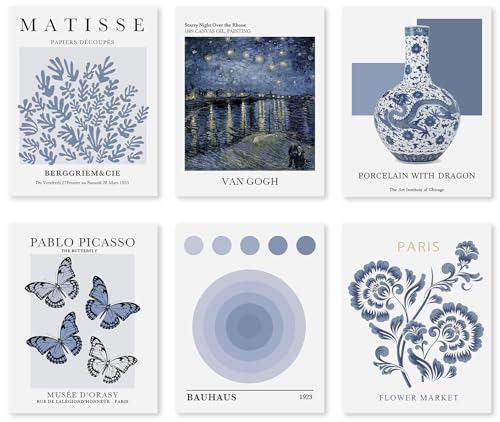 Abstract Matisse Wall Art Exhibition Posters, Vintage Art Boho Art Prints, Retro Room Decor for Aesthetic Bedroom, bule wall art, Unframed, 11 x 14 Inch(Blue)-B04L - color: P Bluish grey, size: 11x14 in Unframed
