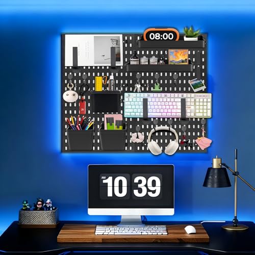 Peg Board Kit, ABS Plastic Wall Organizer Panels, 4 Pack, 12 x 12 in | with Hooks / Shelves / Bins / Accessories, Wall Mounted / No Drill / Adhesive, for Office / Gaming Room / Craft Room
