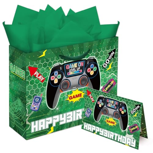 Woohookaka Gamer Birthday Gift Bags 13" Large - Controller Game Theme Party Supplies with Handle, Tissue Paper & Card for Boys Girls - color: Game