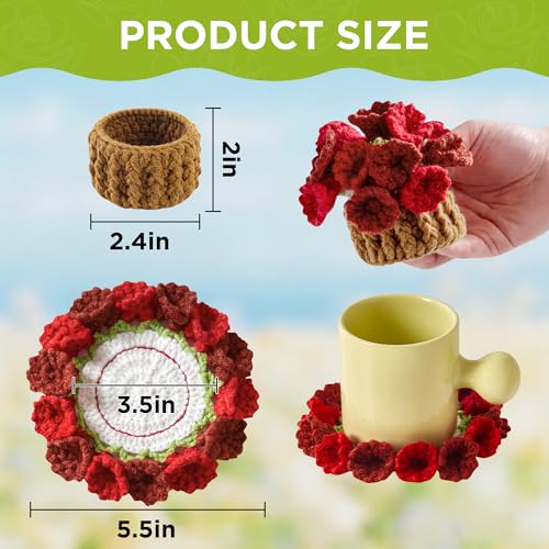Flower Crochet Coasters, Handmade Bouquet Blanket Coaster with Crochet Plant Pot Fun Soft Decorative Drink Coasters for Coffee Tabletop Protection and Home Decor (Wine Red, 1Pc) - color: Wine Red, size: 1Pc