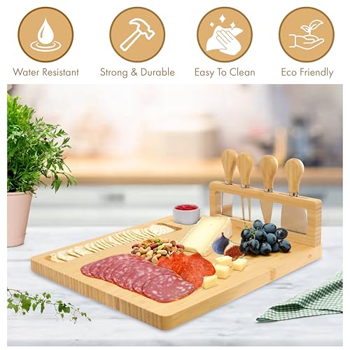 RoyalHouse Bamboo Cheese Board and Knife Set with Magnetic Holder - Serving Tray for Crackers, Meat, and Wine - Anniversary and Wedding Gift - style: Cheese Board Set with Magnet Holder