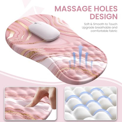 Light Pink Desk Mat Set with Mouse Pad and Memory Foam Wrist Rest, Soft Mat for Mouse and Keyboard, Large Office Desk Mat with Wrist Support, Smooth Surface, Non-Slip Base, 35.4 x 15.7 in - color: Marble Rose Gold Pink Fluid
