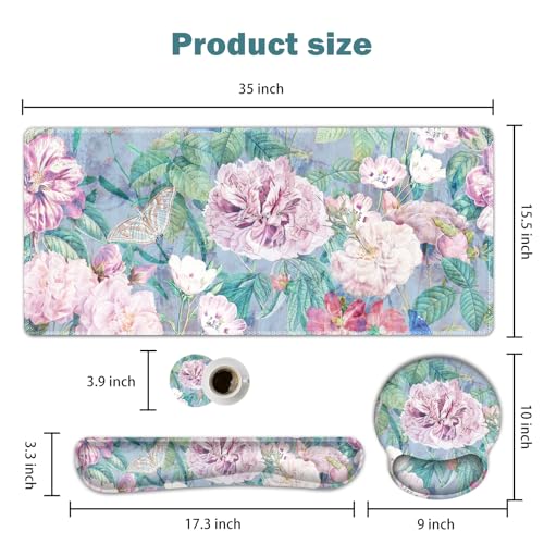 ARTSO Large Mouse Pad and Keyboard Wrist Rest, Desk Pad for Keyboard and Mouse, 4in1 Large Gaming Mouse Pad with Wrist Support, Desk Mat for Home Office Game, Retro Flowers - color: Retro Flowers