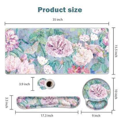 ARTSO Large Mouse Pad and Keyboard Wrist Rest, Desk Pad for Keyboard and Mouse, 4in1 Large Gaming Mouse Pad with Wrist Support, Desk Mat for Home Office Game, Retro Flowers - color: Retro Flowers