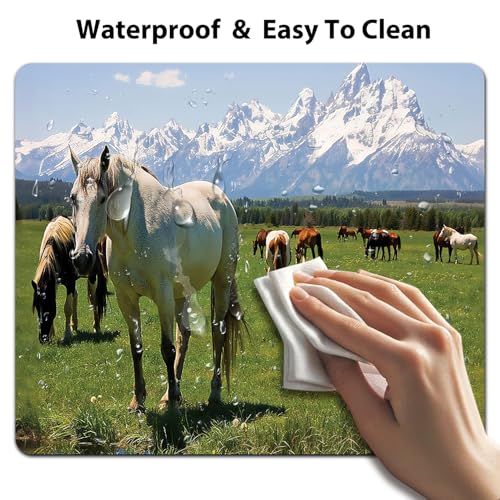 Horses Grazing Mouse Pad, National Park Landscape Lush Meadow Desk Mat | Nature Snowy Idyllic Mountain Peaks, Anti-Slip Rubber Base, Silky Smooth Surface, Cute Office/Gaming Mousepad - color: Color_CNt