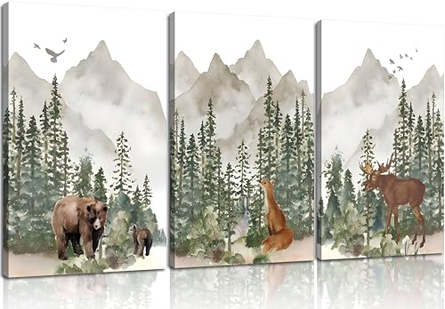 3Pcs Woodland Nursery Wall Art Wild Animals Posters Pictures Foggy Forest Canvas Prints Adventure Theme Kids Wall Decor Watercolor Paintings for Children Boys Room Girls Room Framed - color: Woodland Animal canvas, size: 16"Lx12"W