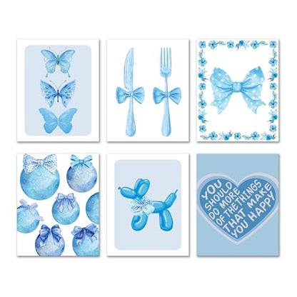 Isfvqyub Preppy Blue And White Butterfly Wall Art, Aesthetic Balloon Dog Poster For Girl Boy, Trendy Coquette Bow Wall Decor For Bedroom Dorm College Apartment Office, Set Of 6 -A07 - size: Blue And White Butterfly