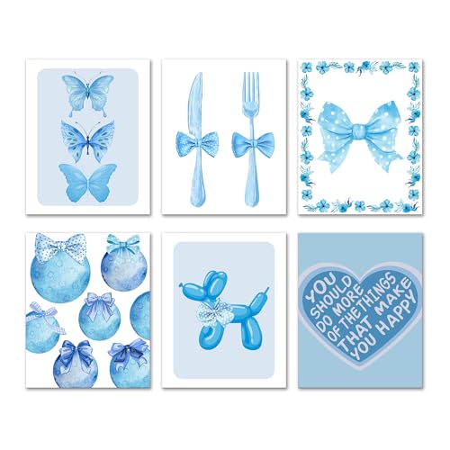 Isfvqyub Preppy Blue And White Butterfly Wall Art, Aesthetic Balloon Dog Poster For Girl Boy, Trendy Coquette Bow Wall Decor For Bedroom Dorm College Apartment Office, Set Of 6 -A07 - size: Blue And White Butterfly