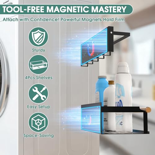 POLRAI 4 Pack Magnetic Shelves for Washing Machine Magnetic Shelf for Fridge Powerful Magnetic Shelves and Magnetic Hook for Laundry Room Kitchen Bathroom Organization