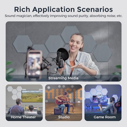 Self-Adhesive Acoustic Panels [390 lbs/yd³ Ultra-High Density], 2nd Generation Sound Absorbing Panel, Professional Level Sound Panel, Polyester Soundproof Foam [Medium Hexagon, Moon Grey] - color: Moon Grey, size: Medium Hexagon (12''x10''x0.4'')