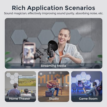 Self-Adhesive Acoustic Panels [390 lbs/yd³ Ultra-High Density], 2nd Generation Sound Absorbing Panel, Professional Level Sound Panel, Polyester Soundproof Foam [Medium Hexagon, Moon Grey] - color: Moon Grey, size: Medium Hexagon (12''x10''x0.4'')