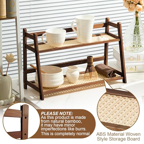 Yalikop 1 Pcs 2 Tier Matcha Station Shelf Bamboo Coffee Mug Stand Countertop Storage Rack, Double Layer Rattan Office Cup, Kitchen, Tea, Plant, Bar Accessories Condiment Display(Brown,17.7 Inch) - color: Brown, size: 17.7 inch