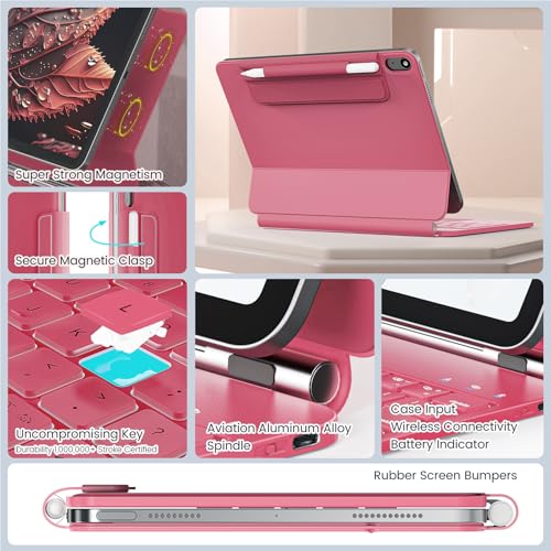 RAYMCRAFT for iPad 11th(A16, 2025)/10th Generation Case with Keyboard, Magic Keyboard 2022, Springy Backlit Keys, Stain-Resistant Surface, Multi-Touch Trackpad, Hot Pink - color: Hot Pink