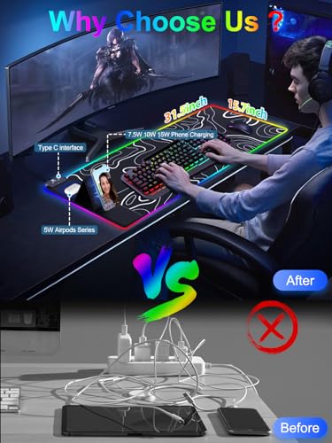 XXL Mouse Pad with Phone Holder - Black, RGB Desk Mat with 15W Fast Charging, LED Gaming Mousepad with 11 Light Colors, Waterproof Non-Slip Pad for Office & Home (Topographic) - color: Topographic