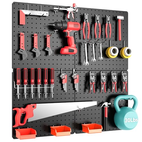 Peg Board,Total 32” x 32”, 68PCS Heavy Duty Metal Pegboard with Hooks, 4 Pack Black Peg Board Panels, 50lbs Load Capacity Each, Pegboard Wall Organizer for Garage, Workshop, Craft Rooms - color: Black, size: 16“×16”-4PCS（with Hooks）