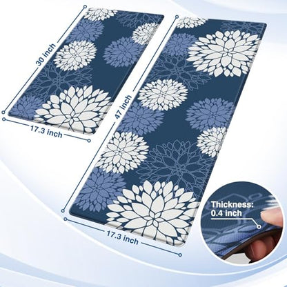 Kitchen Mats, 2PCS Non-Slip Cushioned Rugs, Anti-Fatigue Waterproof Floor Rug, Washable Standing Desk Mat, Home Laundry Office Apartment Decor and Accessories (17.3" ×47" +17.3" ×30"-Blue) - size: 17.3"W×47"L+17.3"W×30"L-0.4"Th