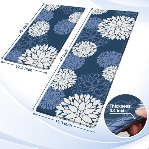 Kitchen Mats, 2PCS Non-Slip Cushioned Rugs, Anti-Fatigue Waterproof Floor Rug, Washable Standing Desk Mat, Home Laundry Office Apartment Decor and Accessories (17.3" ×47" +17.3" ×30"-Blue) - size: 17.3"W×47"L+17.3"W×30"L-0.4"Th