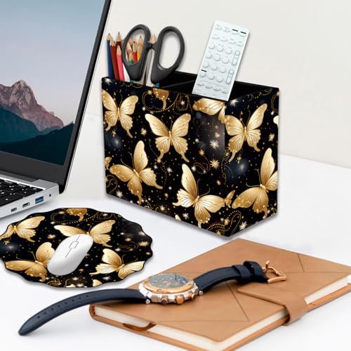 Pen Holder and Anti-Slip Mouse Pad Combination, Makeup Brush Storage Box, Tableware Storage Box, Suitable for Office and Home - Golden Butterfly - color: Golden Butterfly