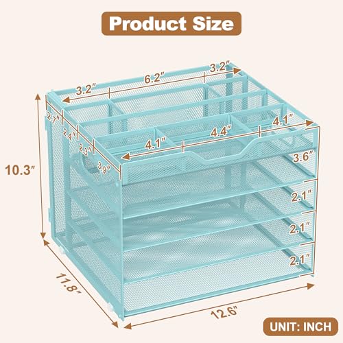 Docnest 5 Tier Letter Tray with Hanging File Box, Blue | Mesh Desk Organizer, Built-in Pen Holder and Handles, Desktop Storage organizer, For Mail Documents Office Supplies - color: 5 Tier Hanging File Organizer-Blue