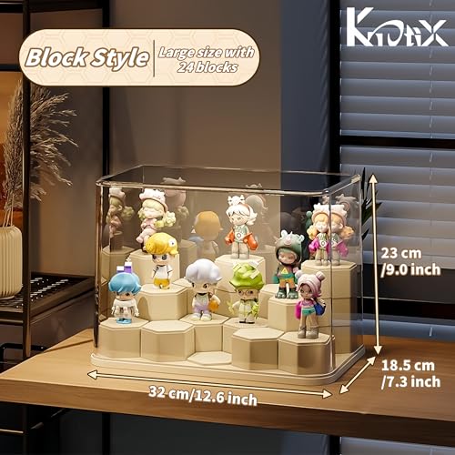 DIY Stackable Transparent Display Case for Figures, Dustproof Acrylic Display Boxes with 24 Movable Hexagonal Blocks, Large Capacity for Pop Mart, Lego, Collectibles (Cream)