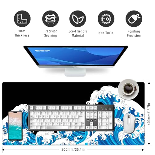 Large Mouse Pad Desk Mat 900 x 400 x 3mm Cool Sea Texture Non-Slip Rubber Base Mousepad Stitched Edges Keyboard Mat for Office Home Game - Black and White Sea Wave - color: White-black