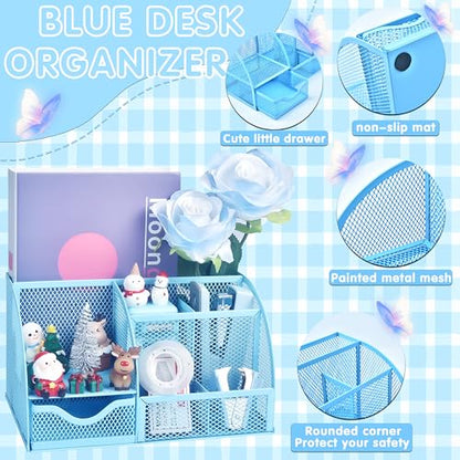 Blue Desk Accessories, 26Pcs Office Supplies and Desk Organizers, with Tape Dispenser, Stapler, Staple Remover, Ect, Gift Box Packaging - color: Blue