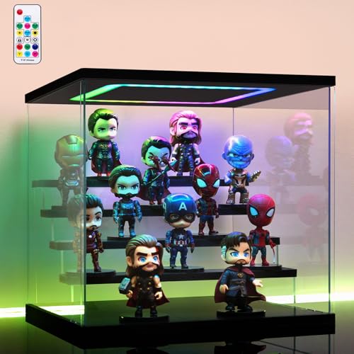 Clear Acrylic Display Case with Light , 5 Tier Multiple Color Lights Display Box Stand Assembly Dustproof Protection Showcase for Collectibles Action Figures (Black 12.6×12.2×11.8in) - color: Black-colorful light, size: 5 Tier 12.6×12.2×11.8in; 32×31×30cm