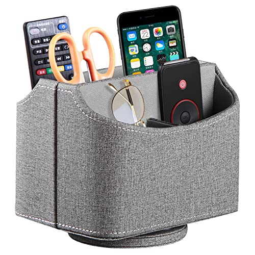 PUSU Leather 360°Rotatable Remote Control Holder,Nightstand TV Remote Caddy,Office Supplies Desktop Organizer,Spinning Storage Box for Pen,Mail,Phone,DVD, Blu-Ray, Media Player, Heater Controllers - color: D Gray