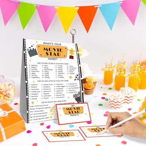 What's Your Movie Stars Name Game Card Set, Movie Stars Games Sign Cards, Hollywood Birthday Party Game Cards, 1 Movie Stars Name Sign, 30 Names Sticker, Funny Birthday Party Decor for Boys Girls - style: Movie Stars