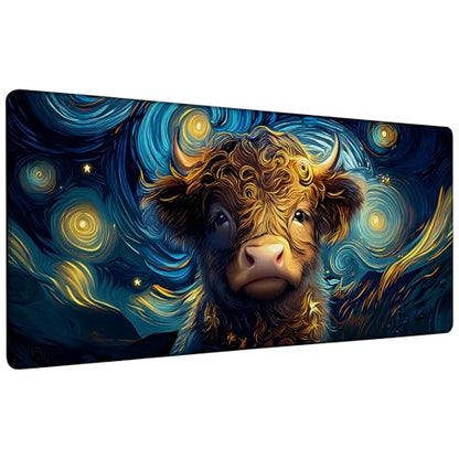Starry Night Highland Cattle Gaming Mouse Pad Large Desk Mat Extended Keyboard Anime Mousepad with Non-Slip Base and Stitched Edge for Desk Home Office Gaming,35.4 x 15.7 Inch - color: Starry Night Highland Cattle, size: 15.7*35.4inch