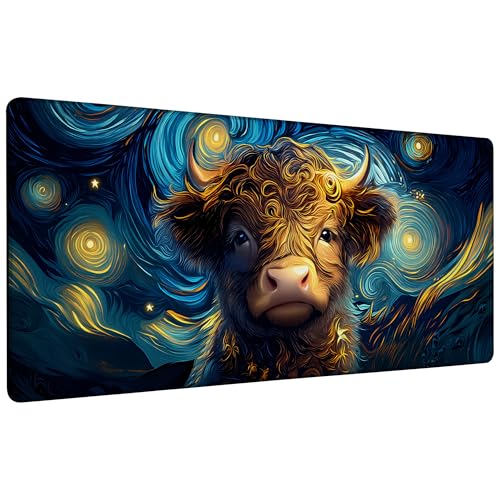 Starry Night Highland Cattle Gaming Mouse Pad Large Desk Mat Extended Keyboard Anime Mousepad with Non-Slip Base and Stitched Edge for Desk Home Office Gaming,35.4 x 15.7 Inch - color: Starry Night Highland Cattle, size: 15.7*35.4inch