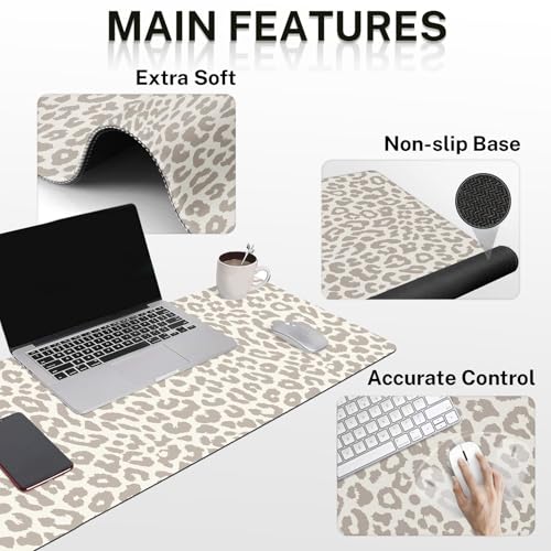 Arttown Leopard Light Khaki Desk Mat Animal Skin Mouse Pad Set 4 in 1 Ergonomic Design Large Desk Pad + Keyboard Wrist Rest + Mouse Wrist Rest + Coaster Suitable for Home Office Study Game - color: Light Khaki Leopard